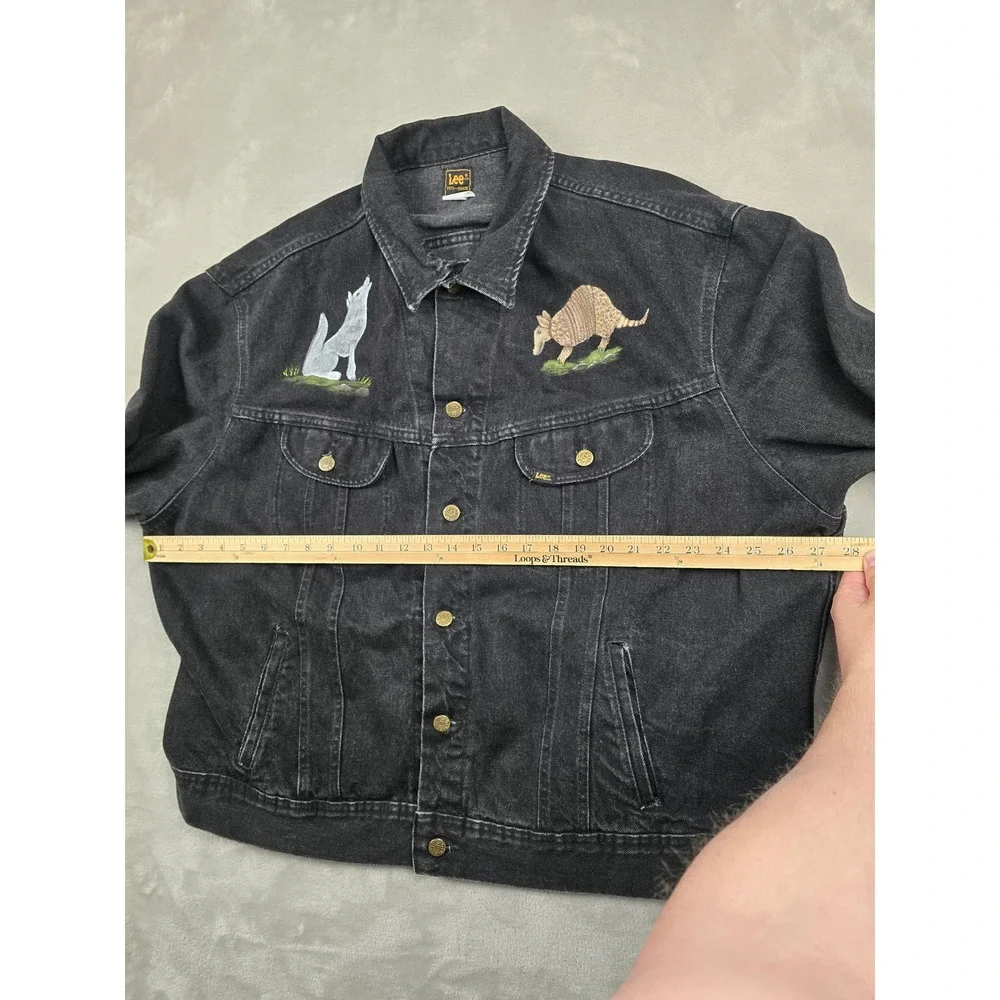 Vintage Lee Riders Denim Jacket Men XXL Black Painted Wolf Wagon Western 70s 80s